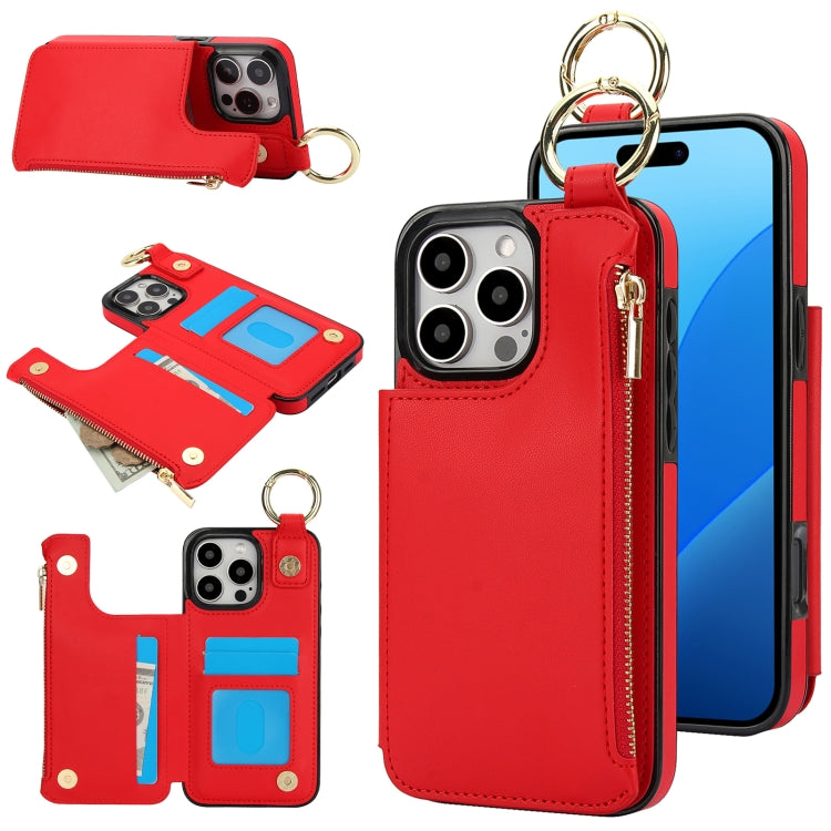 For iPhone 16 Pro RFlD Anti-theft Double Buckle Ring Zipper Card Phone Case(Red) - iPhone 16 Pro Cases by buy2fix | Online Shopping UK | buy2fix
