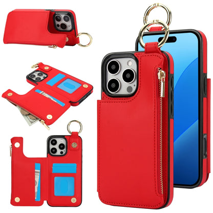 For iPhone 16 Pro RFlD Anti-theft Double Buckle Ring Zipper Card Phone Case(Red) - iPhone 16 Pro Cases by buy2fix | Online Shopping UK | buy2fix