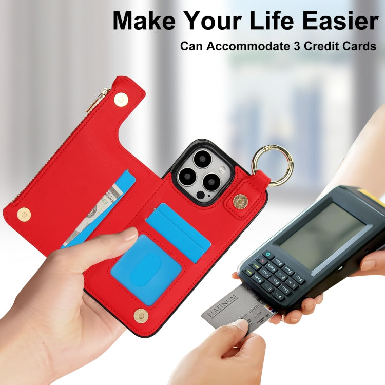 For iPhone 16 Pro RFlD Anti-theft Double Buckle Ring Zipper Card Phone Case(Red) - iPhone 16 Pro Cases by buy2fix | Online Shopping UK | buy2fix