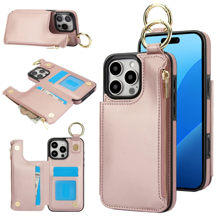 For iPhone 16 Pro RFlD Anti-theft Double Buckle Ring Zipper Card Phone Case(Rose Gold) by buy2fix