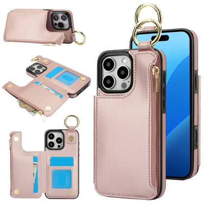 For iPhone 16 Pro RFlD Anti-theft Double Buckle Ring Zipper Card Phone Case(Rose Gold) by buy2fix