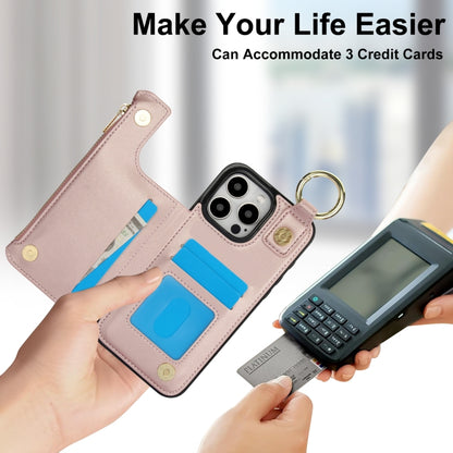 For iPhone 16 Pro RFlD Anti-theft Double Buckle Ring Zipper Card Phone Case(Rose Gold) by buy2fix