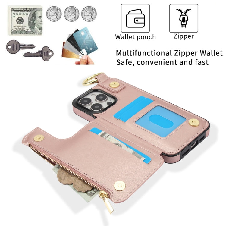 For iPhone 16 Pro RFlD Anti-theft Double Buckle Ring Zipper Card Phone Case(Rose Gold) by buy2fix