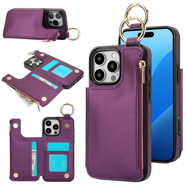 For iPhone 16 Pro RFlD Anti-theft Double Buckle Ring Zipper Card Phone Case(Dark Purple) - iPhone 16 Pro Cases by buy2fix | Online Shopping UK | buy2fix