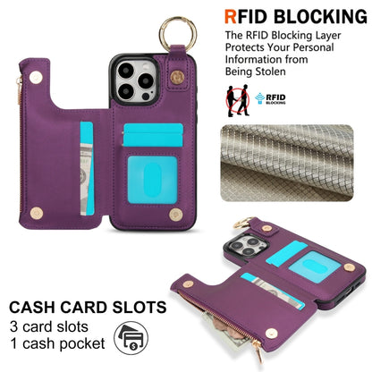 For iPhone 16 Pro RFlD Anti-theft Double Buckle Ring Zipper Card Phone Case(Dark Purple) - iPhone 16 Pro Cases by buy2fix | Online Shopping UK | buy2fix
