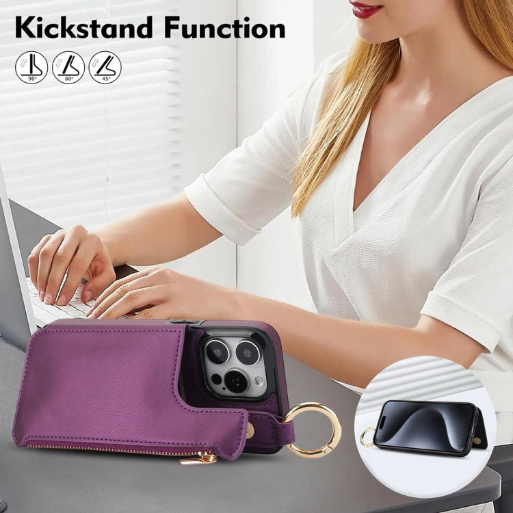 For iPhone 16 Pro RFlD Anti-theft Double Buckle Ring Zipper Card Phone Case(Dark Purple) - iPhone 16 Pro Cases by buy2fix | Online Shopping UK | buy2fix