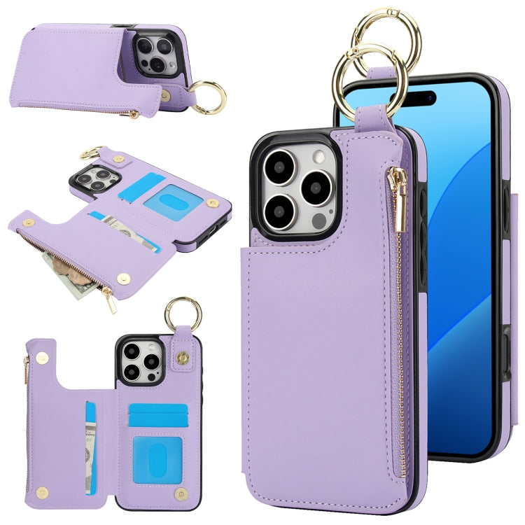 For iPhone 16 Pro RFlD Anti-theft Double Buckle Ring Zipper Card Phone Case(Purple) - iPhone 16 Pro Cases by buy2fix | Online Shopping UK | buy2fix