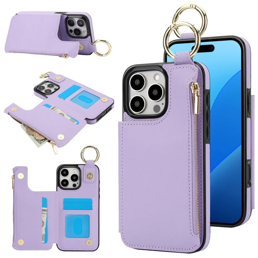 For iPhone 16 Pro RFlD Anti-theft Double Buckle Ring Zipper Card Phone Case(Purple) - iPhone 16 Pro Cases by buy2fix | Online Shopping UK | buy2fix