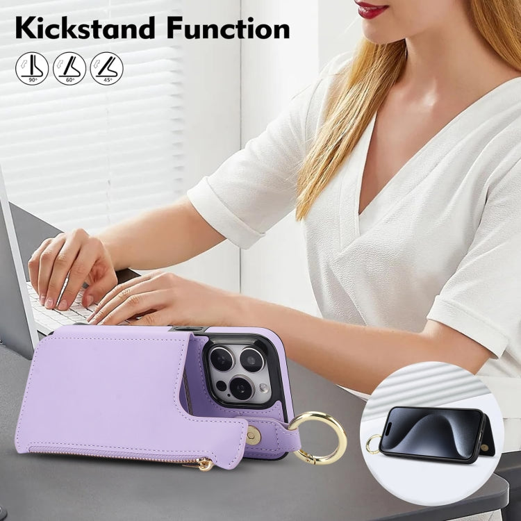 For iPhone 16 Pro RFlD Anti-theft Double Buckle Ring Zipper Card Phone Case(Purple) - iPhone 16 Pro Cases by buy2fix | Online Shopping UK | buy2fix