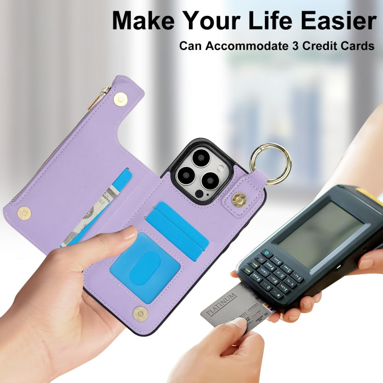 For iPhone 16 Pro RFlD Anti-theft Double Buckle Ring Zipper Card Phone Case(Purple) - iPhone 16 Pro Cases by buy2fix | Online Shopping UK | buy2fix