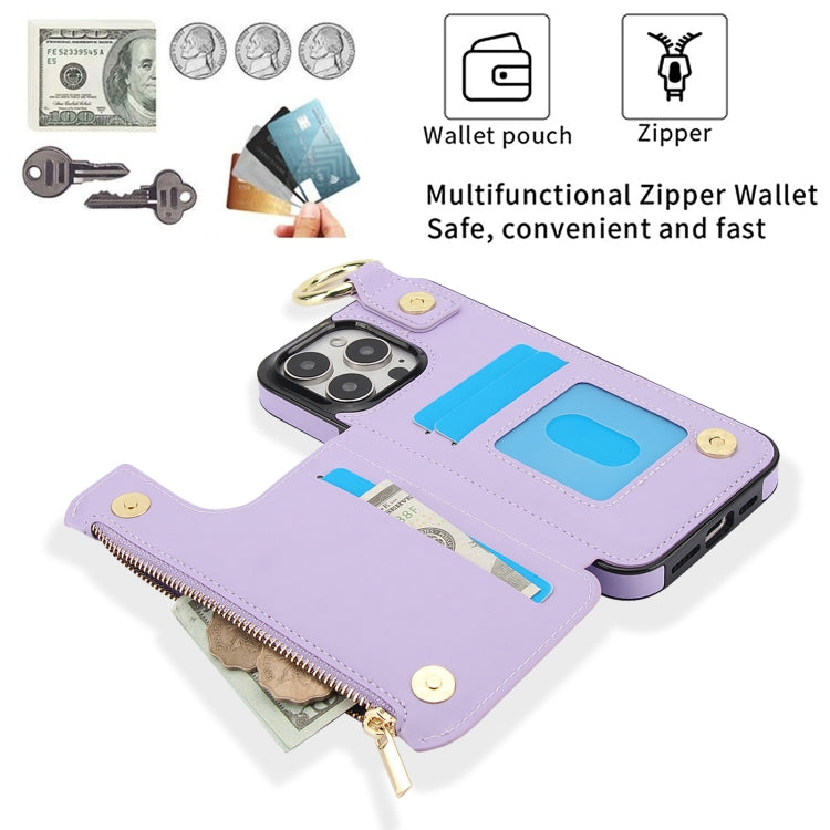 For iPhone 16 Pro RFlD Anti-theft Double Buckle Ring Zipper Card Phone Case(Purple) - iPhone 16 Pro Cases by buy2fix | Online Shopping UK | buy2fix