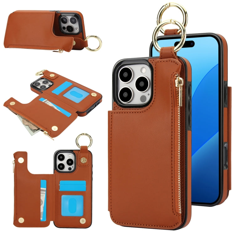 For iPhone 16 Pro RFlD Anti-theft Double Buckle Ring Zipper Card Phone Case(Brown) - iPhone 16 Pro Cases by buy2fix | Online Shopping UK | buy2fix