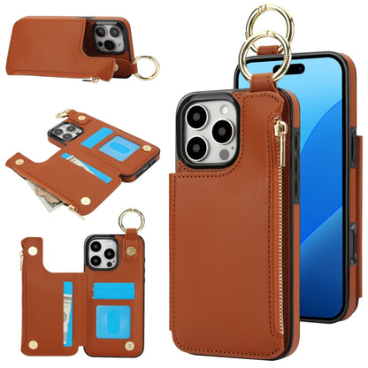 For iPhone 16 Pro RFlD Anti-theft Double Buckle Ring Zipper Card Phone Case(Brown) - iPhone 16 Pro Cases by buy2fix | Online Shopping UK | buy2fix