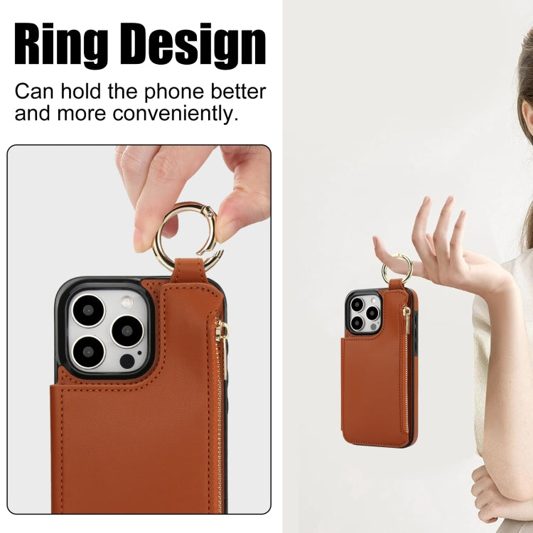 For iPhone 16 Pro RFlD Anti-theft Double Buckle Ring Zipper Card Phone Case(Brown) - iPhone 16 Pro Cases by buy2fix | Online Shopping UK | buy2fix