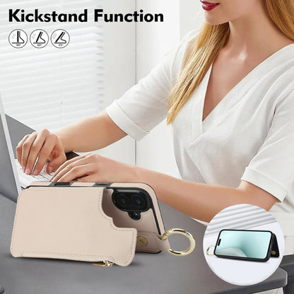 For iPhone 16 Plus RFlD Anti-theft Double Buckle Ring Zipper Card Phone Case(White) - iPhone 16 Plus Cases by buy2fix | Online Shopping UK | buy2fix