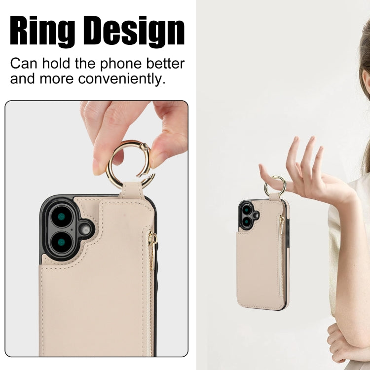 For iPhone 16 Plus RFlD Anti-theft Double Buckle Ring Zipper Card Phone Case(White) - iPhone 16 Plus Cases by buy2fix | Online Shopping UK | buy2fix