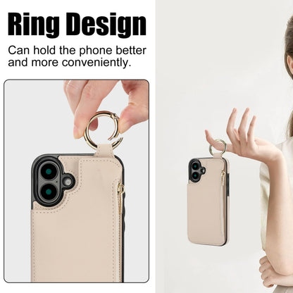 For iPhone 16 Plus RFlD Anti-theft Double Buckle Ring Zipper Card Phone Case(White) - iPhone 16 Plus Cases by buy2fix | Online Shopping UK | buy2fix