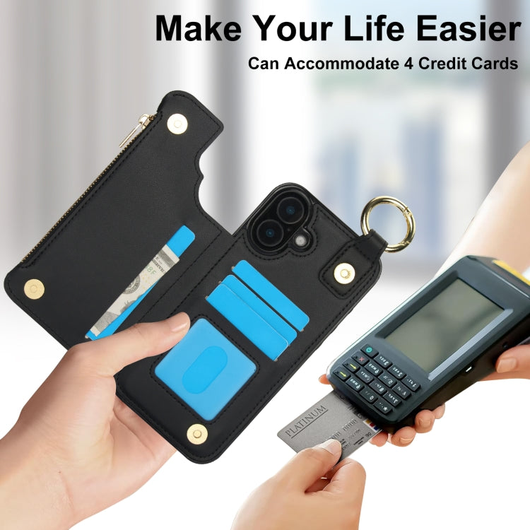 For iPhone 16 Plus RFlD Anti-theft Double Buckle Ring Zipper Card Phone Case(Black) - iPhone 16 Plus Cases by buy2fix | Online Shopping UK | buy2fix
