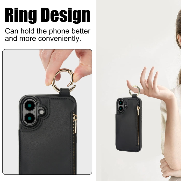 For iPhone 16 Plus RFlD Anti-theft Double Buckle Ring Zipper Card Phone Case(Black) - iPhone 16 Plus Cases by buy2fix | Online Shopping UK | buy2fix