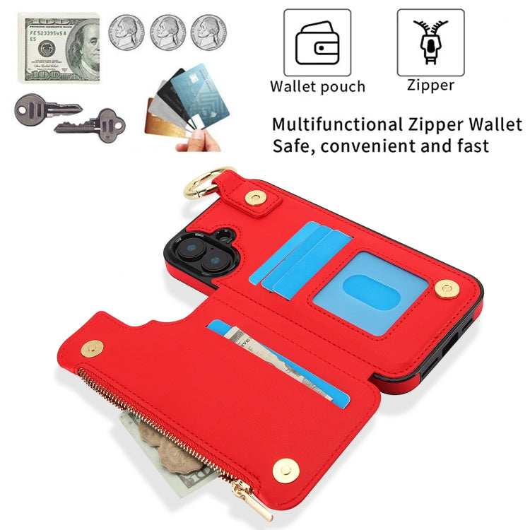 For iPhone 16 Plus RFlD Anti-theft Double Buckle Ring Zipper Card Phone Case(Red) - iPhone 16 Plus Cases by buy2fix | Online Shopping UK | buy2fix