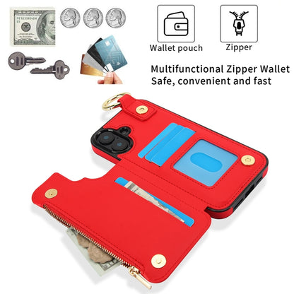 For iPhone 16 Plus RFlD Anti-theft Double Buckle Ring Zipper Card Phone Case(Red) - iPhone 16 Plus Cases by buy2fix | Online Shopping UK | buy2fix