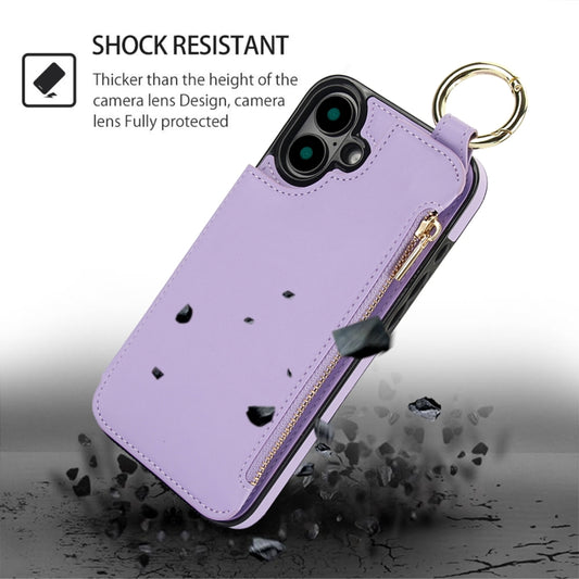 For iPhone 16 Plus RFlD Anti-theft Double Buckle Ring Zipper Card Phone Case(Purple) - iPhone 16 Plus Cases by buy2fix | Online Shopping UK | buy2fix