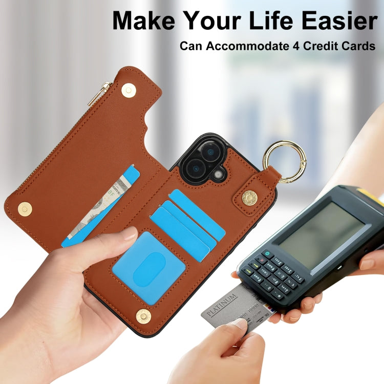 For iPhone 16 Plus RFlD Anti-theft Double Buckle Ring Zipper Card Phone Case(Brown) - iPhone 16 Plus Cases by buy2fix | Online Shopping UK | buy2fix