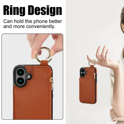 For iPhone 16 Plus RFlD Anti-theft Double Buckle Ring Zipper Card Phone Case(Brown) - iPhone 16 Plus Cases by buy2fix | Online Shopping UK | buy2fix