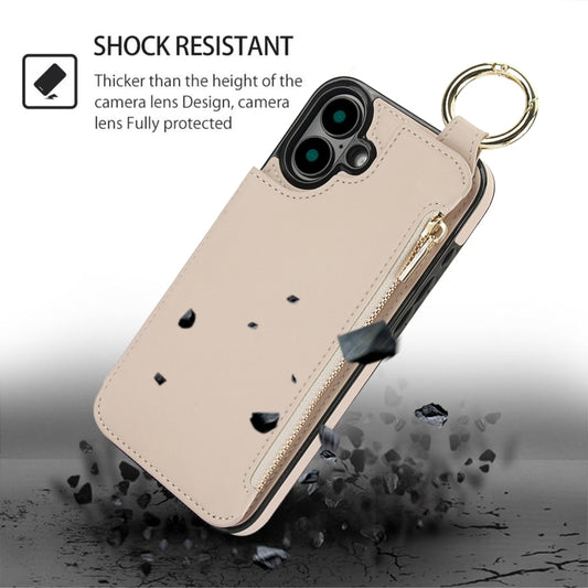 For iPhone 16 RFlD Anti-theft Double Buckle Ring Zipper Card Phone Case(White) - iPhone 16 Cases by buy2fix | Online Shopping UK | buy2fix
