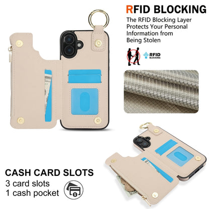For iPhone 16 RFlD Anti-theft Double Buckle Ring Zipper Card Phone Case(White) - iPhone 16 Cases by buy2fix | Online Shopping UK | buy2fix