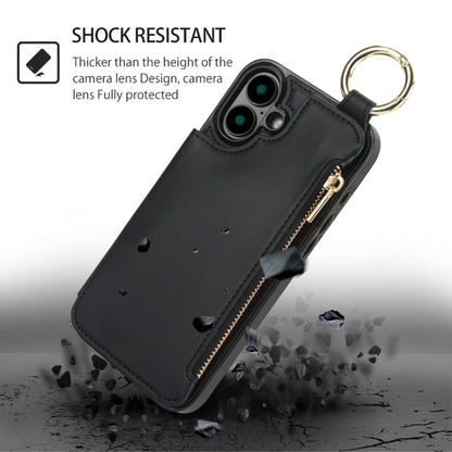 For iPhone 16 RFlD Anti-theft Double Buckle Ring Zipper Card Phone Case(Black) - iPhone 16 Cases by buy2fix | Online Shopping UK | buy2fix
