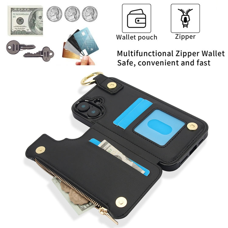 For iPhone 16 RFlD Anti-theft Double Buckle Ring Zipper Card Phone Case(Black) - iPhone 16 Cases by buy2fix | Online Shopping UK | buy2fix