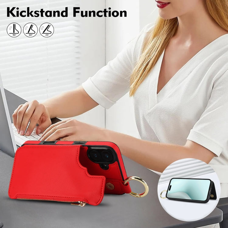 For iPhone 16 RFlD Anti-theft Double Buckle Ring Zipper Card Phone Case(Red) - iPhone 16 Cases by buy2fix | Online Shopping UK | buy2fix