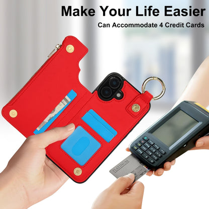 For iPhone 16 RFlD Anti-theft Double Buckle Ring Zipper Card Phone Case(Red) - iPhone 16 Cases by buy2fix | Online Shopping UK | buy2fix