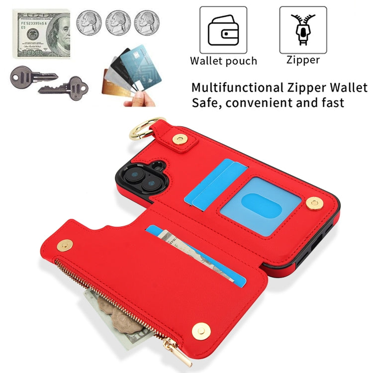 For iPhone 16 RFlD Anti-theft Double Buckle Ring Zipper Card Phone Case(Red) - iPhone 16 Cases by buy2fix | Online Shopping UK | buy2fix