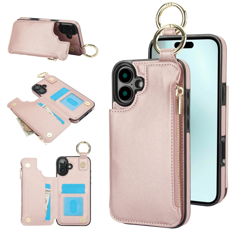 For iPhone 16 RFlD Anti-theft Double Buckle Ring Zipper Card Phone Case(Rose Gold) - iPhone 16 Cases by buy2fix | Online Shopping UK | buy2fix