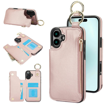 For iPhone 16 RFlD Anti-theft Double Buckle Ring Zipper Card Phone Case(Rose Gold) - iPhone 16 Cases by buy2fix | Online Shopping UK | buy2fix
