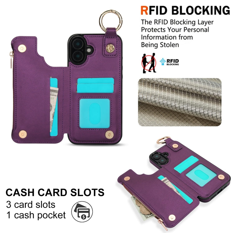 For iPhone 16 RFlD Anti-theft Double Buckle Ring Zipper Card Phone Case(Dark Purple) - iPhone 16 Cases by buy2fix | Online Shopping UK | buy2fix
