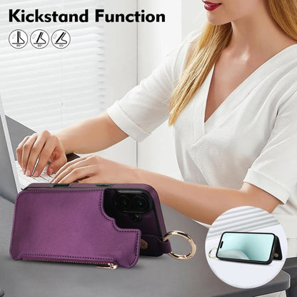 For iPhone 16 RFlD Anti-theft Double Buckle Ring Zipper Card Phone Case(Dark Purple) - iPhone 16 Cases by buy2fix | Online Shopping UK | buy2fix