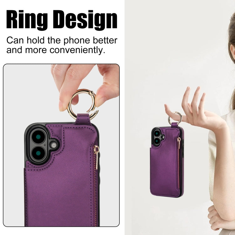 For iPhone 16 RFlD Anti-theft Double Buckle Ring Zipper Card Phone Case(Dark Purple) - iPhone 16 Cases by buy2fix | Online Shopping UK | buy2fix