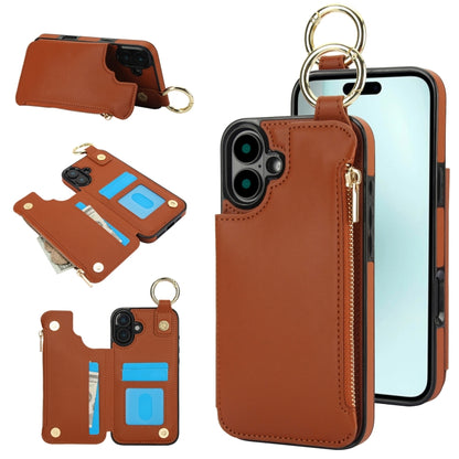 For iPhone 16 RFlD Anti-theft Double Buckle Ring Zipper Card Phone Case(Brown) - iPhone 16 Cases by buy2fix | Online Shopping UK | buy2fix