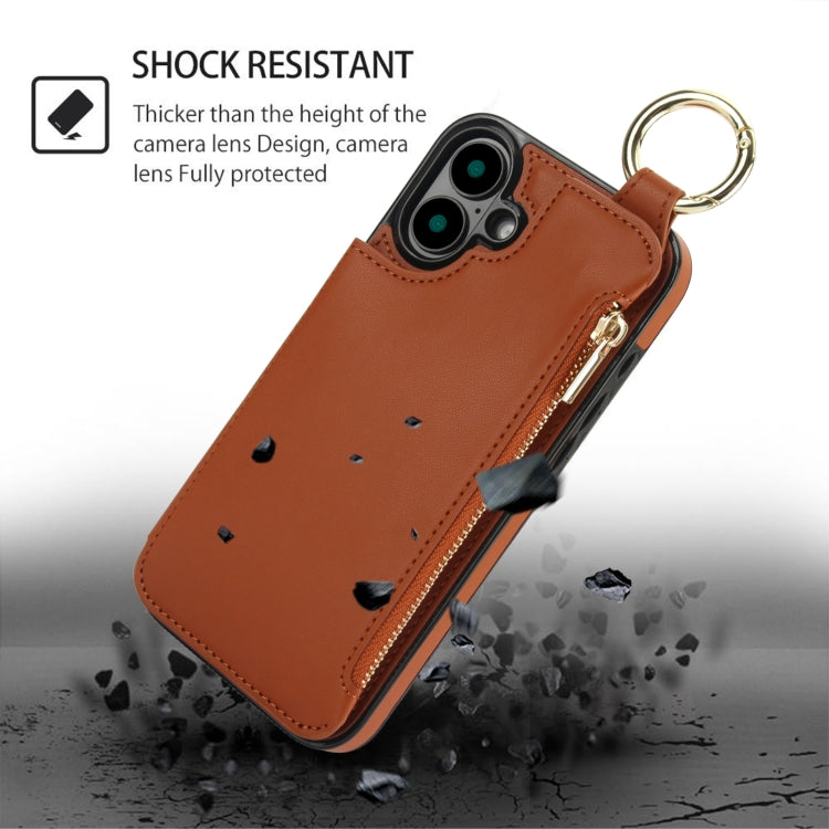 For iPhone 16 RFlD Anti-theft Double Buckle Ring Zipper Card Phone Case(Brown) - iPhone 16 Cases by buy2fix | Online Shopping UK | buy2fix