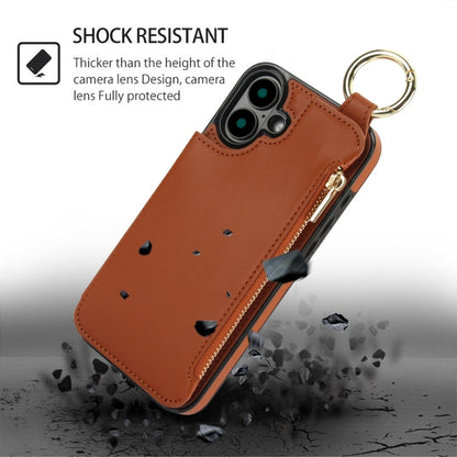 For iPhone 16 RFlD Anti-theft Double Buckle Ring Zipper Card Phone Case(Brown) - iPhone 16 Cases by buy2fix | Online Shopping UK | buy2fix