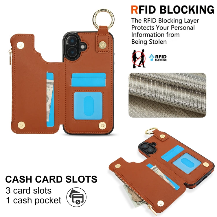 For iPhone 16 RFlD Anti-theft Double Buckle Ring Zipper Card Phone Case(Brown) - iPhone 16 Cases by buy2fix | Online Shopping UK | buy2fix