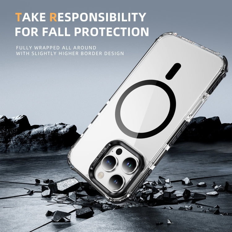 For iPhone 16 Pro Rainbow Series Transparent MagSafe Lens Holder Phone Case(Black) by buy2fix