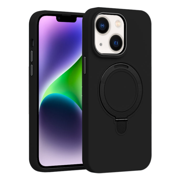 For iPhone 14 Liquid Silicone MagSafe Metal Ring Holder Phone Case(Black) by buy2fix