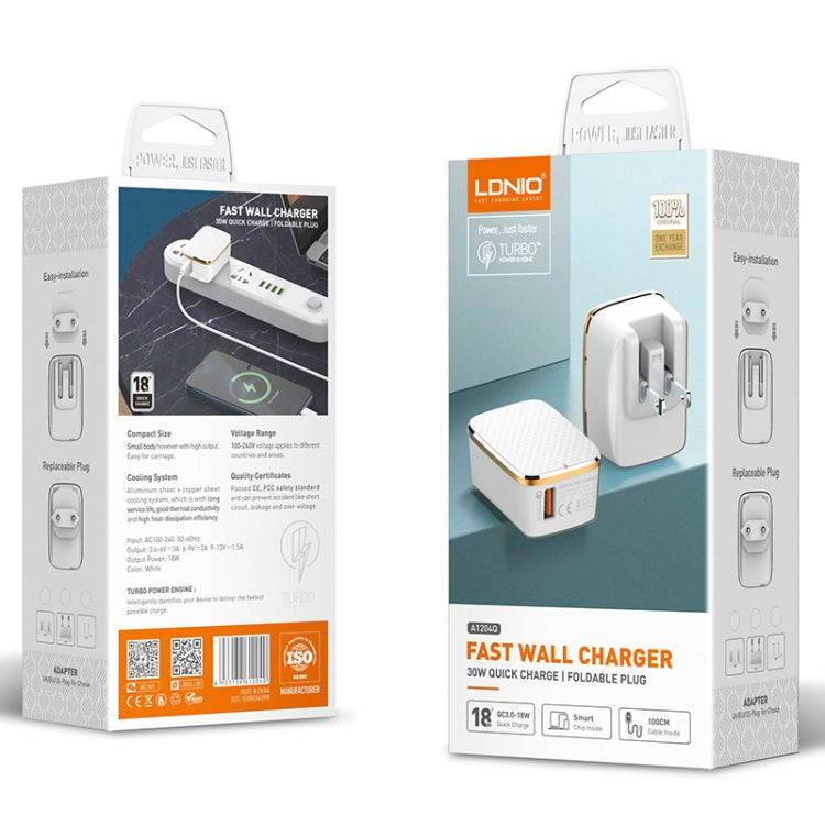 LDNIO A1204Q QC3.0 18W USB Fast Charger with 1m USB to USB-C / Type-C Cable, Plug Type:UK Plug(White Gold) - USB Charger by LDNIO | Online Shopping UK | buy2fix