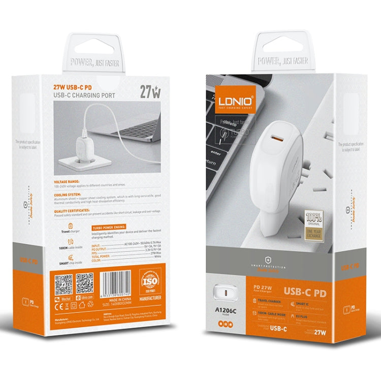 LDNIO A1206C PD27W USB-C / Type-C Fast Charger with 1m Type-C Cable, Plug Type:EU Plug(White) - USB Charger by LDNIO | Online Shopping UK | buy2fix
