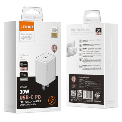 LDNIO A1508C PD30W USB-C / Type-C Fast Charger with 1m Type-C Cable(White) - USB Charger by LDNIO | Online Shopping UK | buy2fix