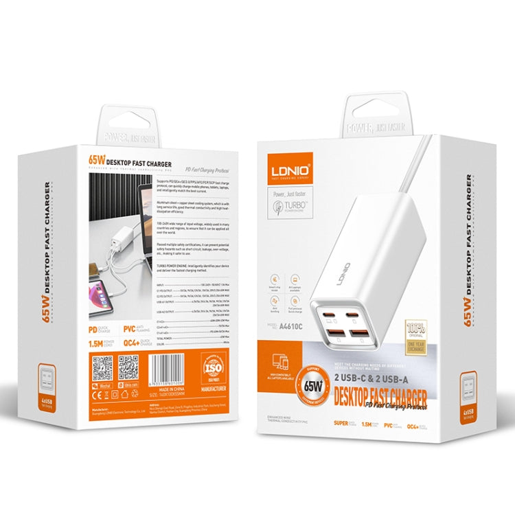 LDNIO A4610C PD65W Dual USB-C / Type-C + Dual USB Fast Charger, Cable Length: 1.5m, Plug Type:UK Plug(White) - USB Charger by LDNIO | Online Shopping UK | buy2fix